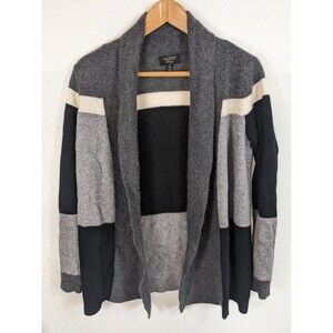 Charter Club Cashmere Open Front Cardigan Color Block Medium Black Grey Cream